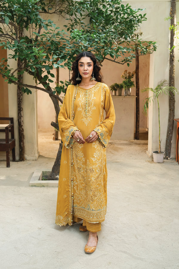 3 Piece Embroidered Karandi Unstitched - ZC-725-33-Mustard